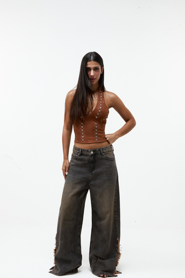 Calça Jeans Alfinetes Marrom