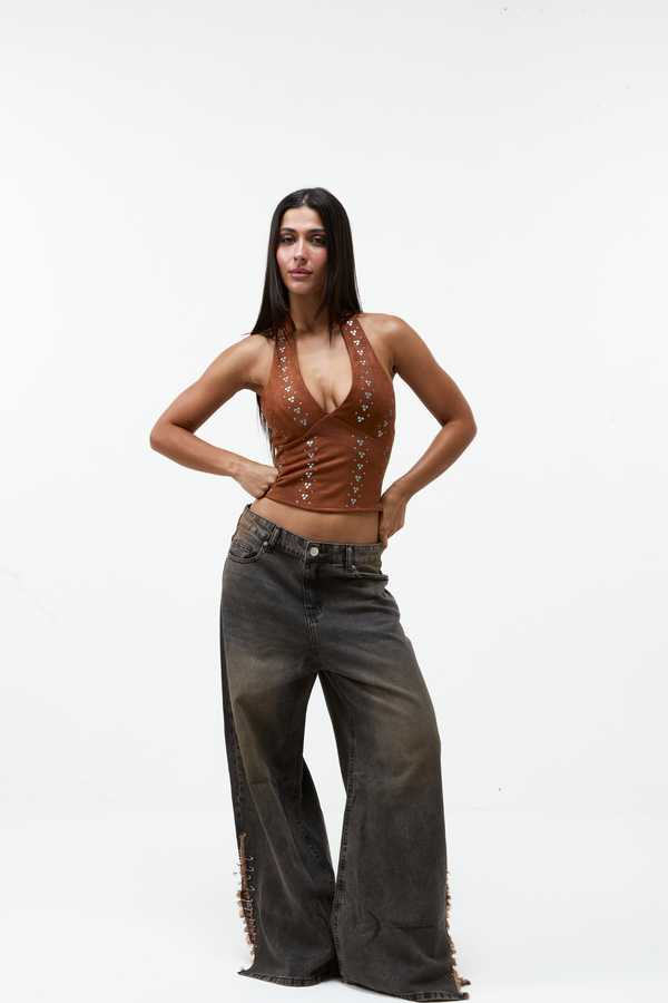 Calça Jeans Alfinetes Marrom