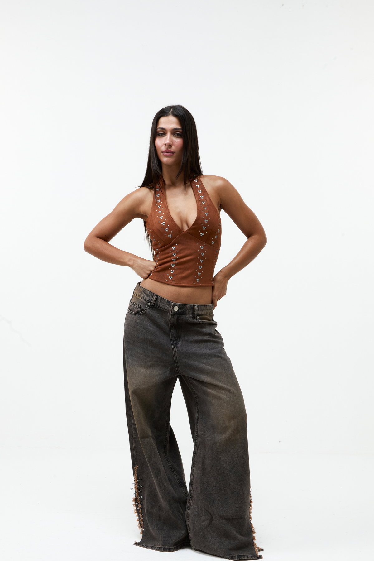 Calça Jeans Alfinetes Marrom