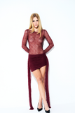 Body Manga Longa Renda Vinho