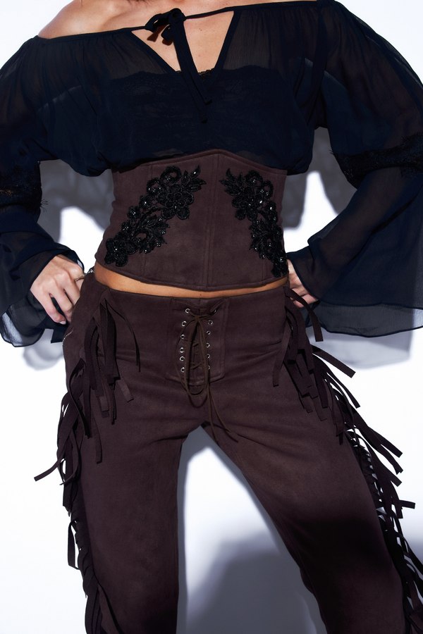 Corset Suede Bordado Marrom