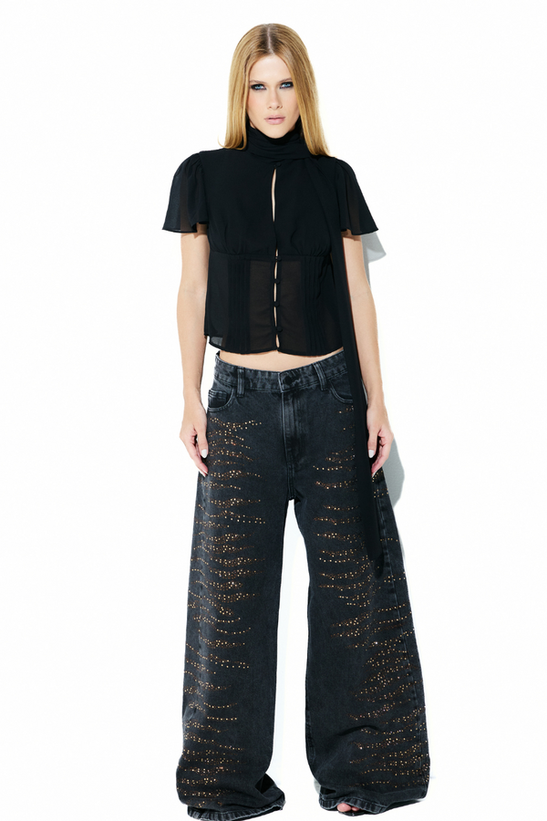 Calça Jeans Wild Black Strass Dourado