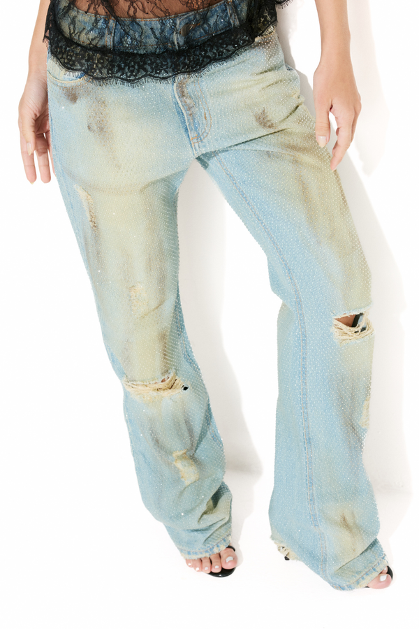 Calça Jeans Cintura Baixa Destroyed Strass