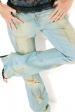 Calça Jeans Cintura Baixa Destroyed Strass