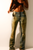 Calça Jeans Cintura Baixa Destroyed Strass