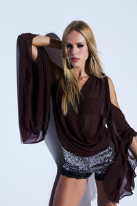 Blusa Manga Longa Crepe Marrom