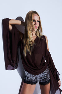 Blusa Manga Longa Crepe Marrom