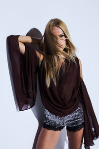 Blusa Manga Longa Crepe Marrom