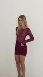 Stories de Vestido Curto Renda Drapeado Vinho